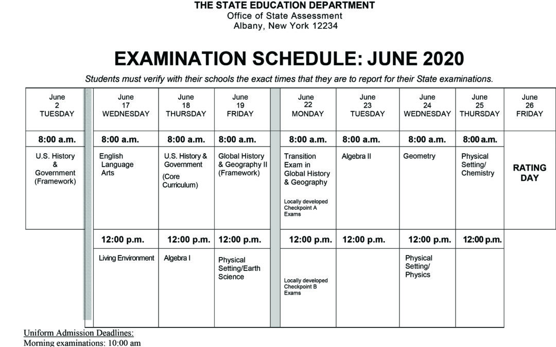 June 2020 Regents Exam schedule