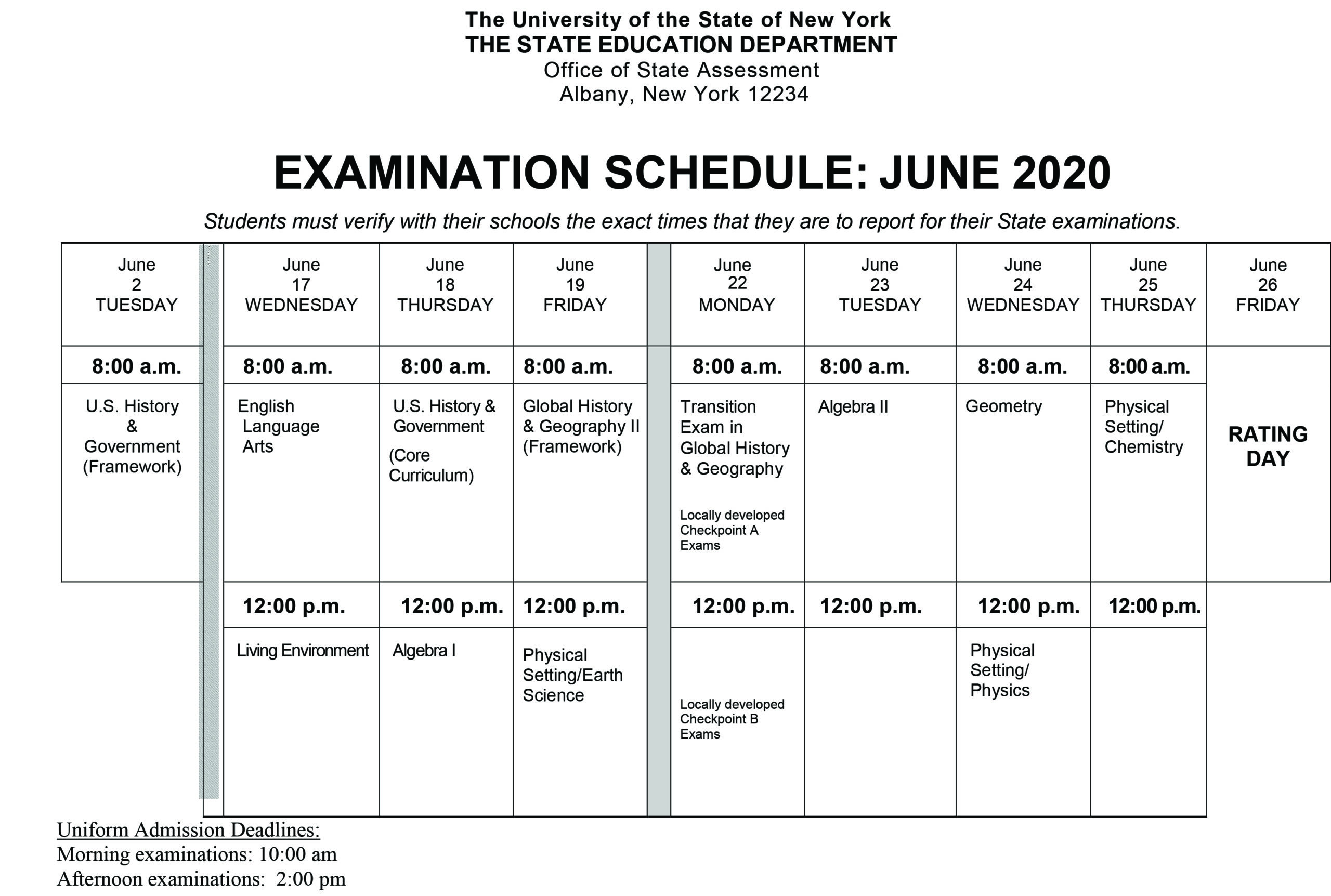 June 2020 High School Regents Exam Schedule Averill Park Central