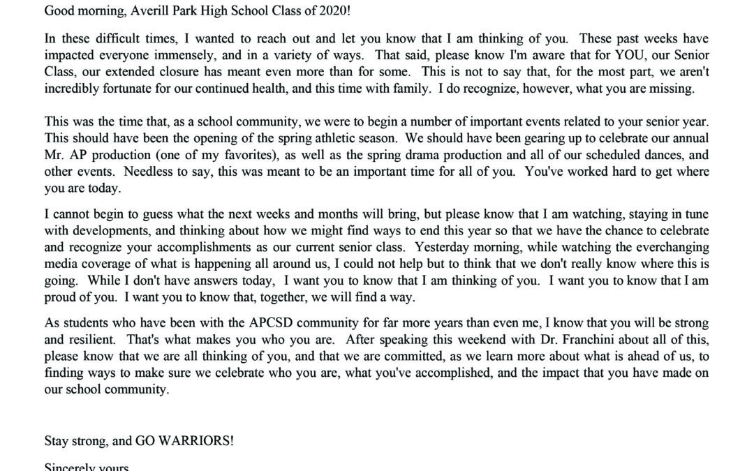 Letter to Class of 2020 from HS Principal Mr. Quiles