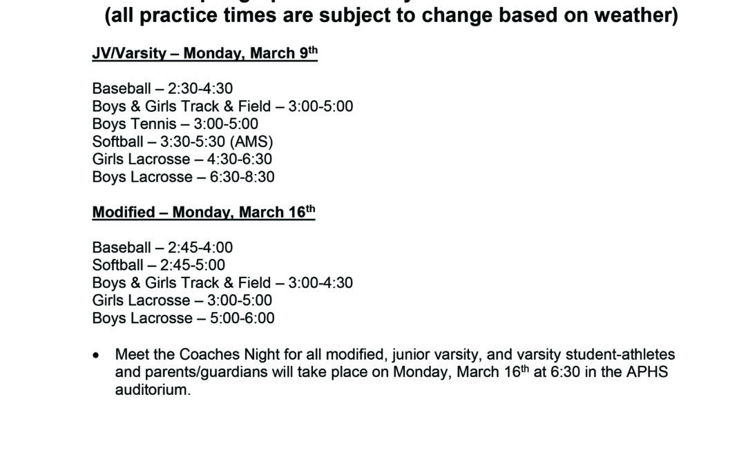 Spring Sports First Day of Practice Schedule