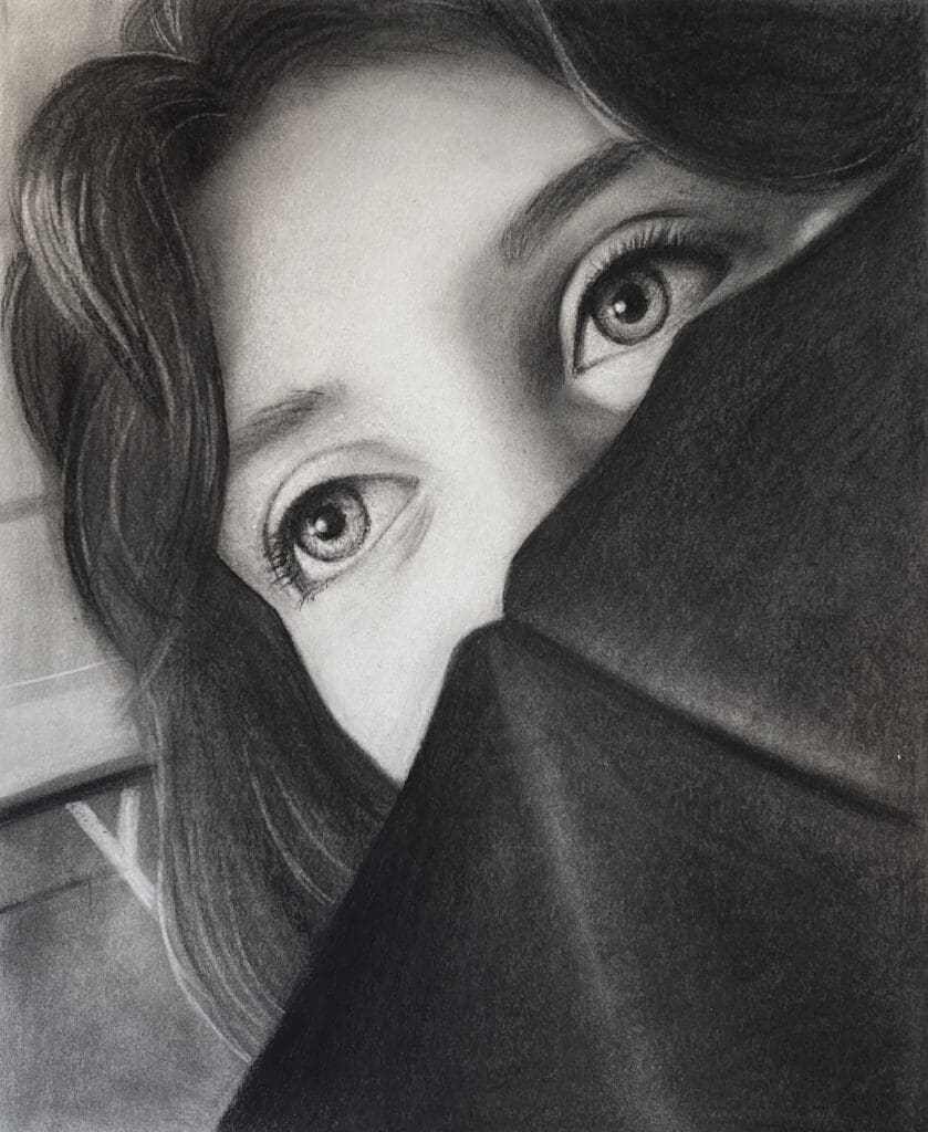 Black and white photo-realistic drawing of someone with their face partially covered, looking in the distance.